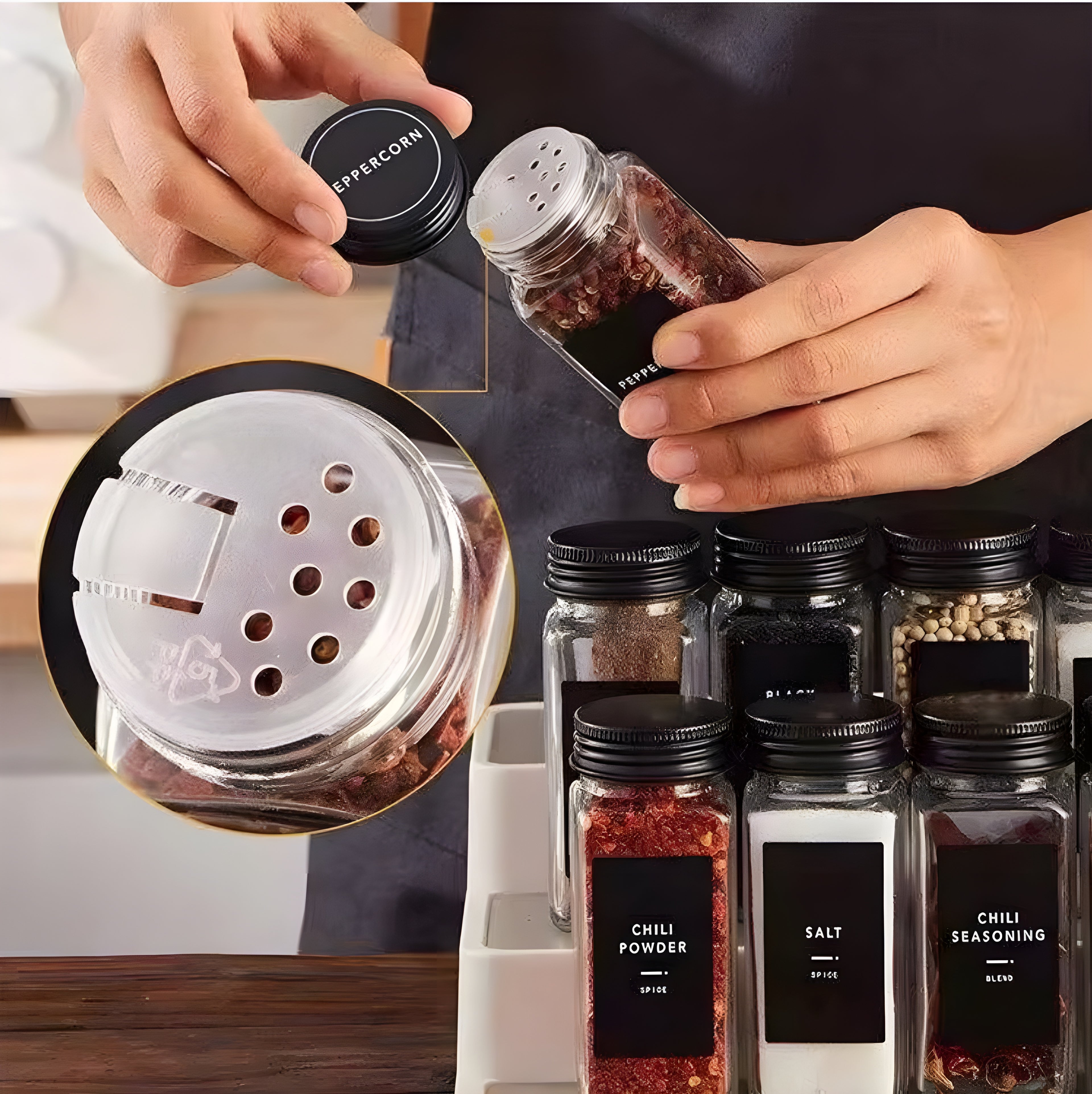 Étagère à épices avec 24 pots - Sur pied - 3 niveaux - Noire - Rotative