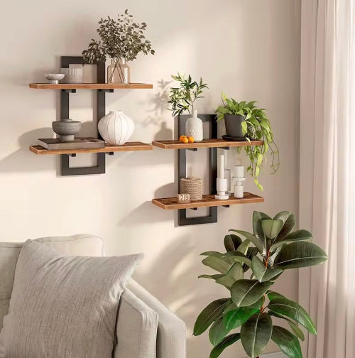 Étagères Murales Industrielles Lot de 2 – Étagères Murales en Bois avec Cadre en Métal Noir