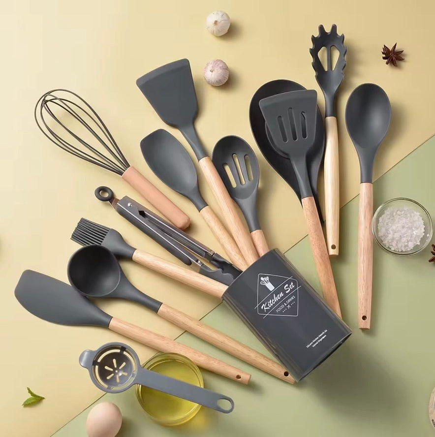 Ensemble d'ustensiles de cuisine en silicone avec support - Sans BPA ni plastique - Gris foncé