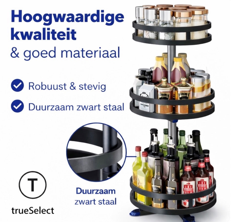 Étagère à épices avec 24 pots - Sur pied - 3 niveaux - Noire - Rotative