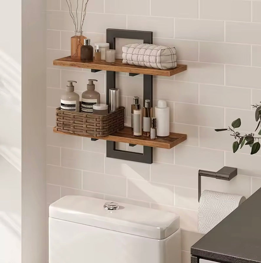 Étagères Murales Industrielles Lot de 2 – Étagères Murales en Bois avec Cadre en Métal Noir