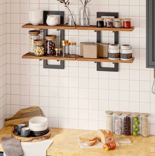 Industriële Wandplank Set van 2 – Houten Wandplanken met Zwart Metalen Frame