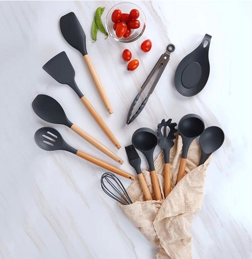 Ensemble d'ustensiles de cuisine en silicone avec support - Sans BPA ni plastique - Gris foncé
