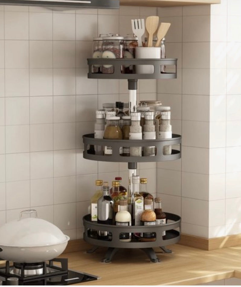 Étagère à épices avec 24 pots - Sur pied - 3 niveaux - Noire - Rotative