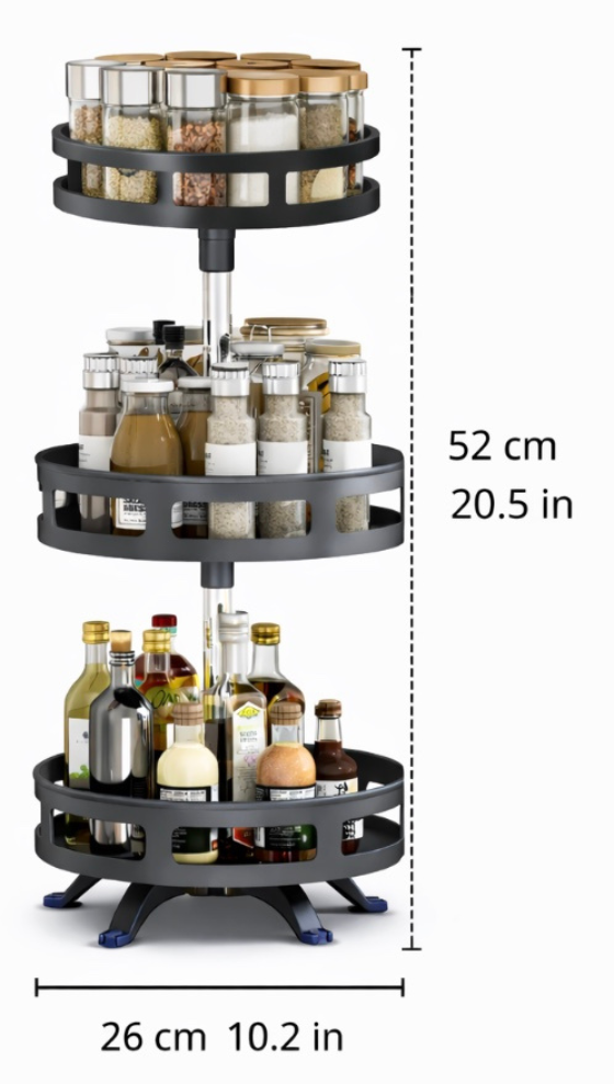 Étagère à épices avec 24 pots - Sur pied - 3 niveaux - Noire - Rotative
