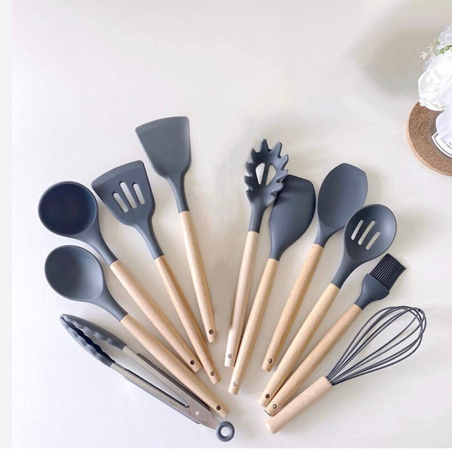 Ensemble d'ustensiles de cuisine en silicone avec support - Sans BPA ni plastique - Gris foncé