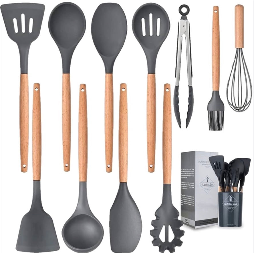 Ensemble d'ustensiles de cuisine en silicone avec support - Sans BPA ni plastique - Gris foncé