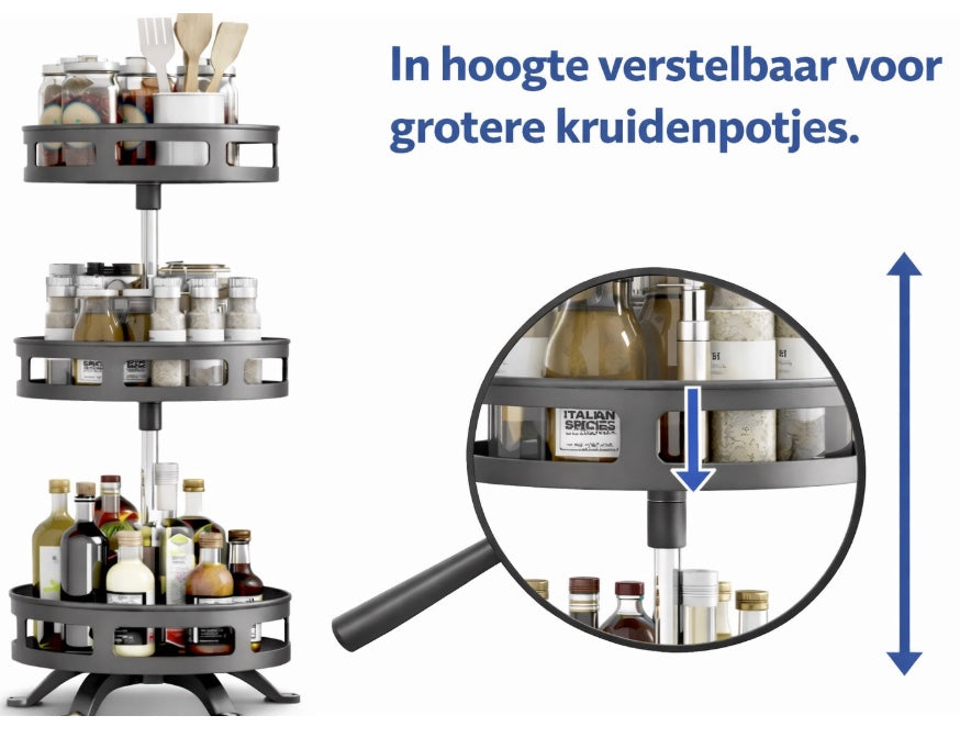Étagère à épices avec 24 pots - Sur pied - 3 niveaux - Noire - Rotative