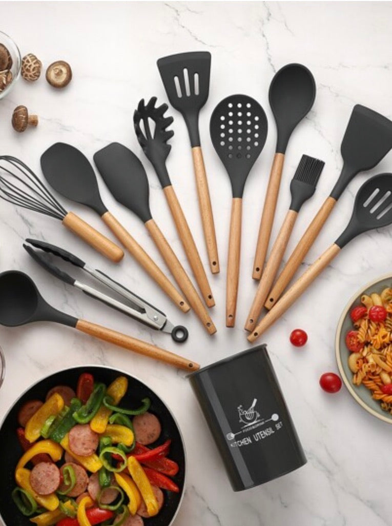 Ensemble d'ustensiles de cuisine en silicone avec support - Sans BPA ni plastique - Gris foncé