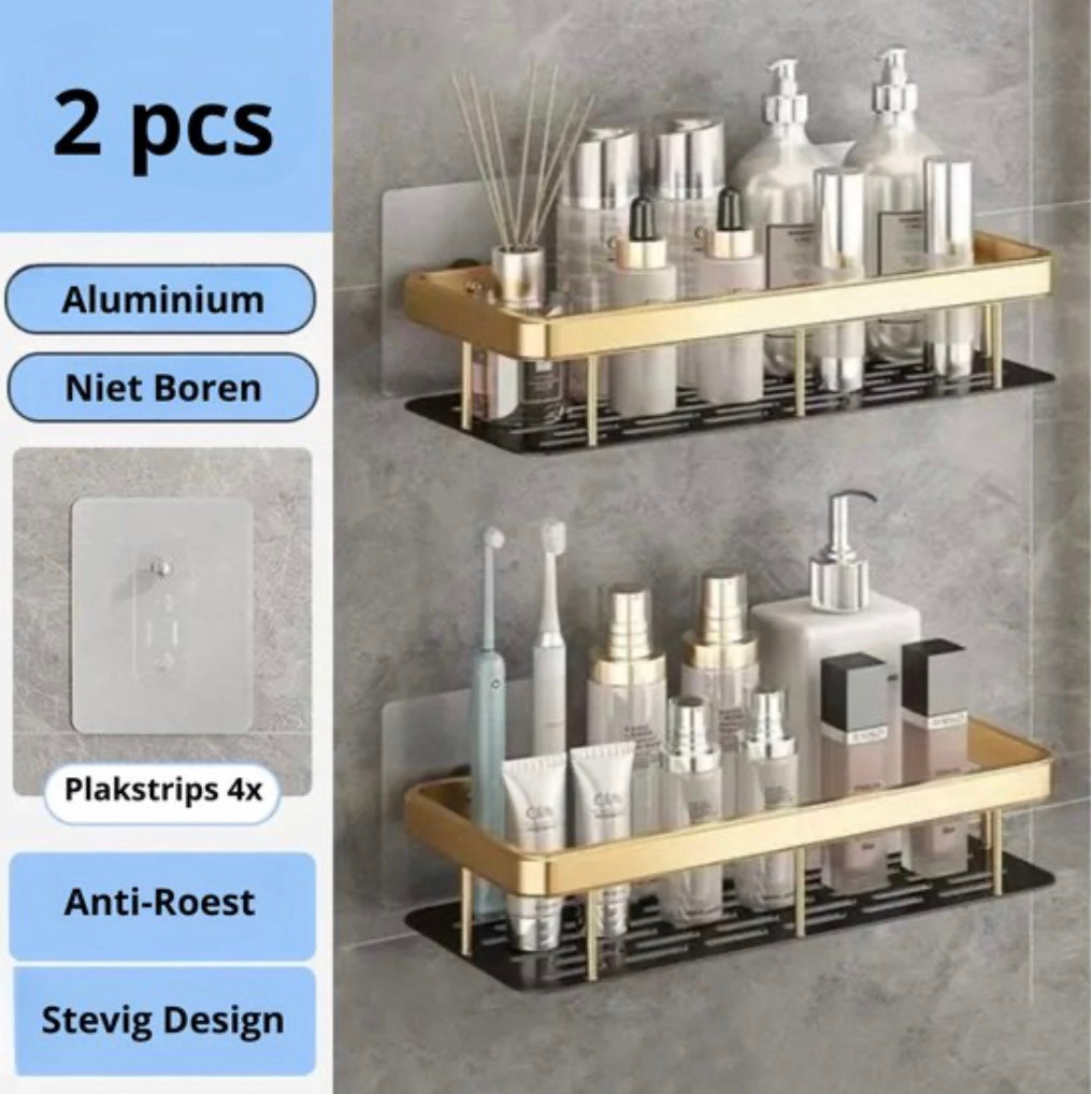 Support de shampooing - sans perçage - 2 niveaux - adhésif - étagère de salle de bain - doré