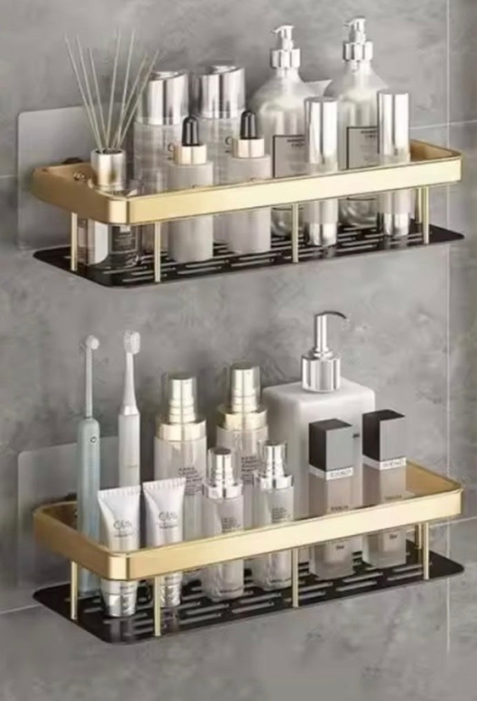 Support de shampooing - sans perçage - 2 niveaux - adhésif - étagère de salle de bain - doré